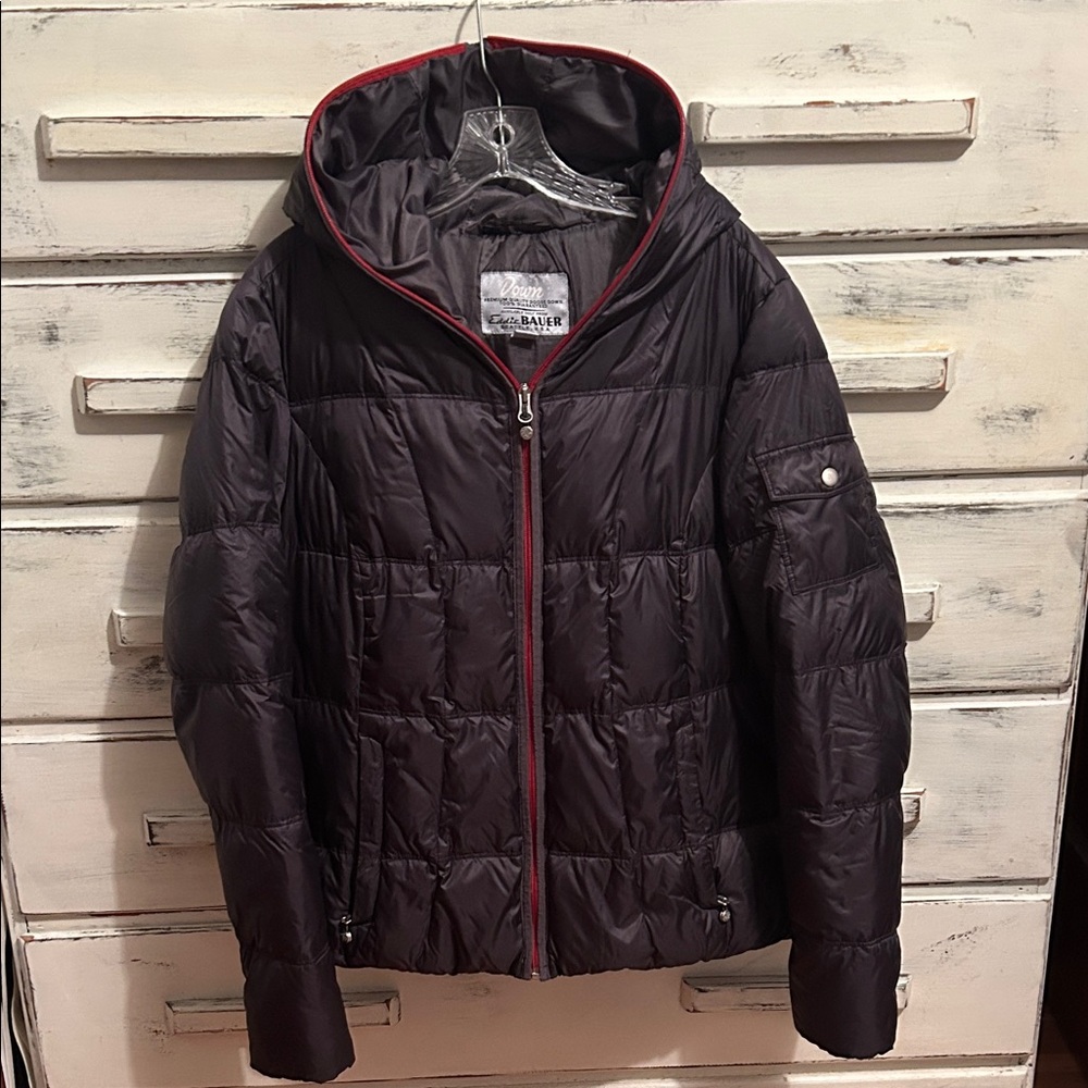 Eddie Bauer Premium Quality Goose Down Coat Jacket Grey Full Zip Hood XL